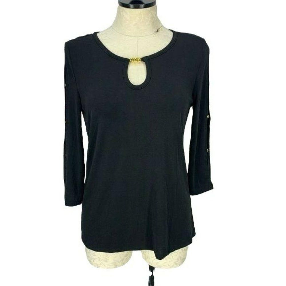 BY Design Women's Aurora Black 3/4 Notch Sleeve Blouse‎ Size Small